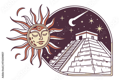 Stylized sun face and mayan pyramid under a starry night sky