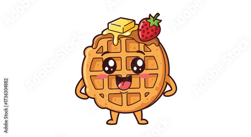 Whimsical waffle character with butter and strawberry engaging in cheerful expression