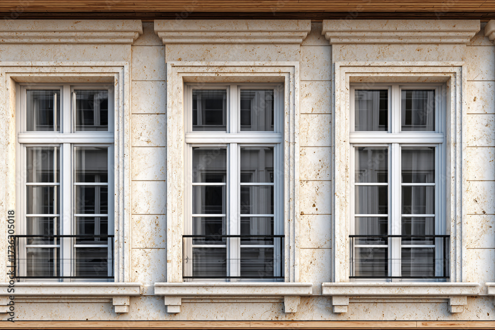 Fototapeta premium Elegant Exterior View of Three Windows with Architectural Details and a Beige Stone
