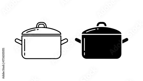 Minimalist Kitchen Pot Icons: Outline and Solid Flat Design Graphics