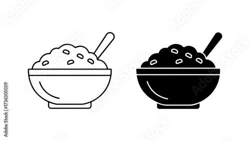 Minimalist Food Bowl Icons with Spoon, Outline and Solid Style