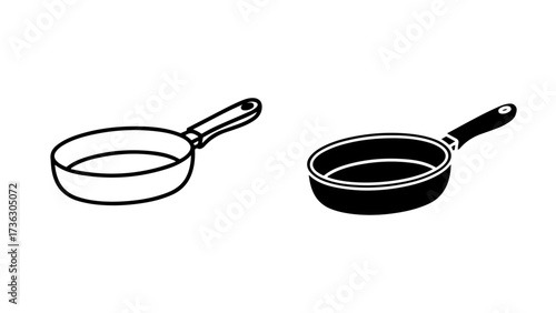 Black outline and solid silhouette frying pans, kitchen cooking icons.