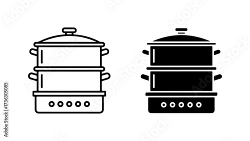 Minimalist Steamer Cookware Icon in Line Art and Filled Versions