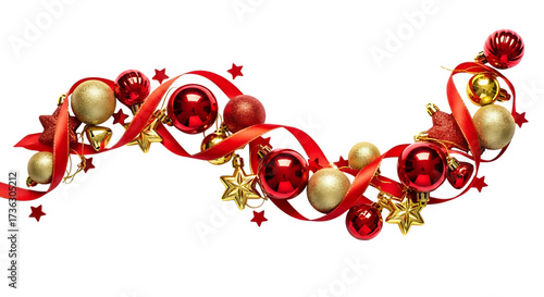 A festive garland of red and gold christmas ornaments, including baubles, stars, and ribbons, arranged in a flowing curve against an isolated on transparent background, creating a decorative holiday a