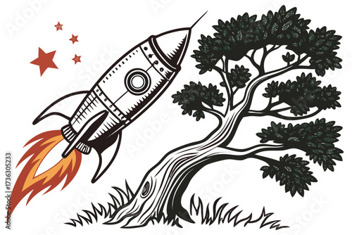 Black and white illustration of a rocket ship flying past a tree