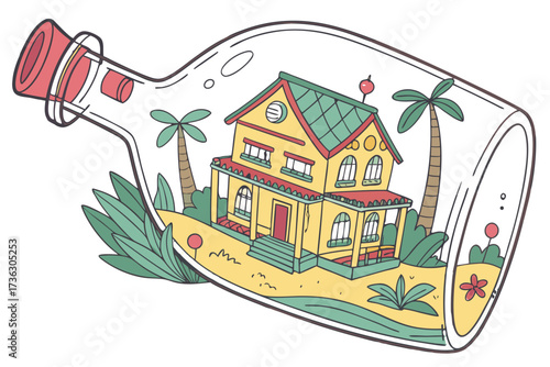 House inside a bottle with palm trees and island