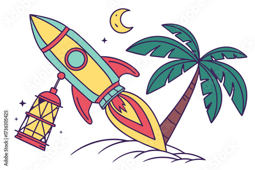 Rocket launching with palm tree and moon
