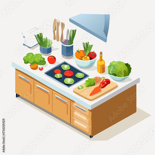 A vibrant isometric illustration of a kitchen counter stocked with fresh vegetables, cooking utensils, and cooking oil, ready for meal preparation and healthy eating in a modern home