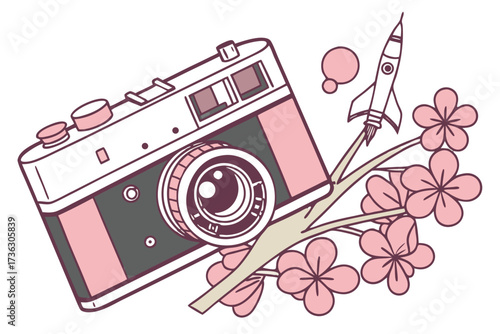 Vintage camera with rocket and cherry blossoms