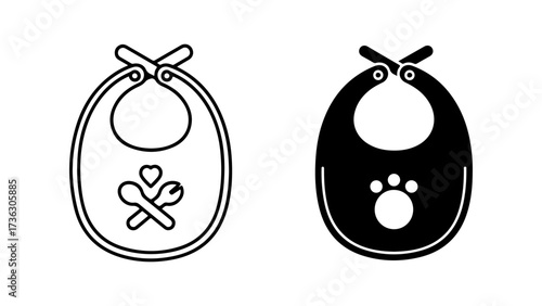 Monochromatic Bib Icons: Outline with Utensils and Solid with Paw Print