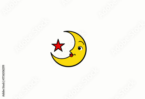 Charming Celestial Illustration: Whimsical Crescent Moon with Friendly Face Blowing a Red Star Kiss on a Minimalist White Background