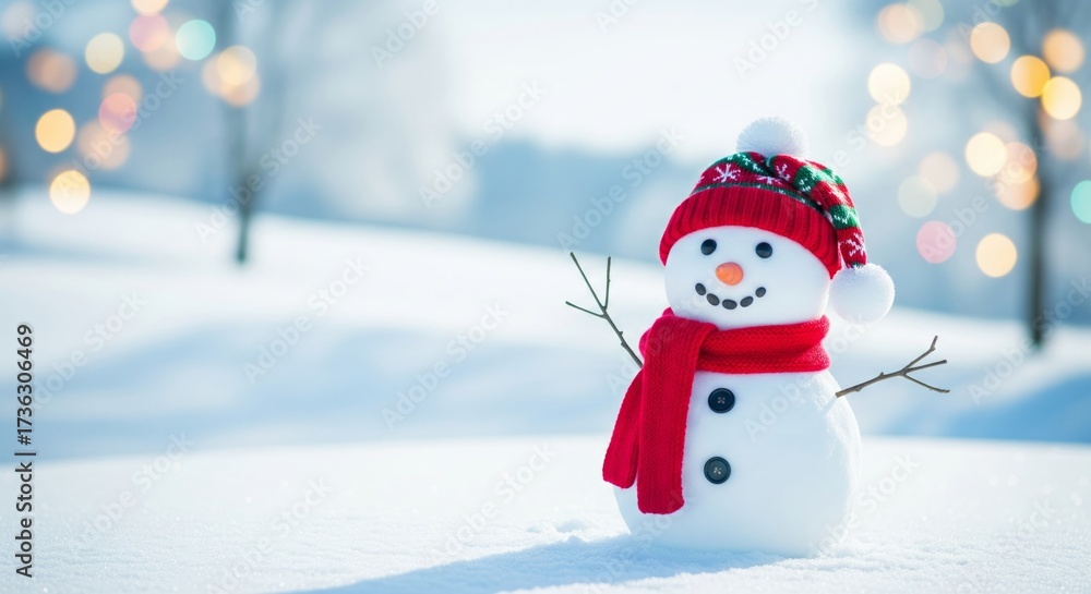 Fototapeta premium Cute Snowman with Red Scarf and Christmas Hat in Winter Snowy Landscape