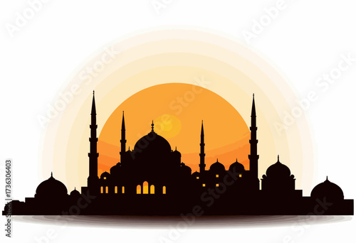 Silhouette of a Magnificent Mosque with Multiple Minarets Against a Vibrant Orange Sunset Sky in a Serene Landscape Setting