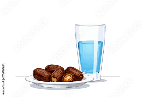 Illustration of a plate with several dates and a refreshing glass of water set on a simple table, depicting a healthy snack or meal accompaniment