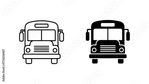 Front View School Bus Icons, Outline and Solid Design, White Background