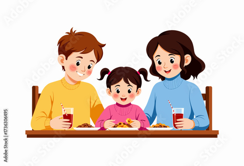 Family Enjoying a Meal Together with Smiling Parents and Child at Dining Table Having Drinks and Food in a Warm and Welcoming Setting