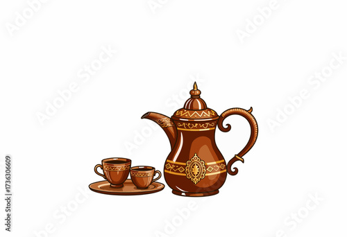 Intricately Designed Vintage Teapot with Matching Teacups on a Tray, Featuring Ornate Patterns and a Classic Handle