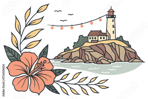 Lighthouse on cliff with flower and foliage