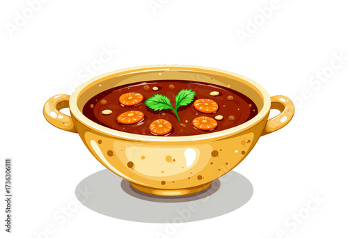Illustration of a ceramic bowl filled with rich, hearty vegetable soup garnished with carrot slices and herbs, showcasing a warm and comforting culinary delight