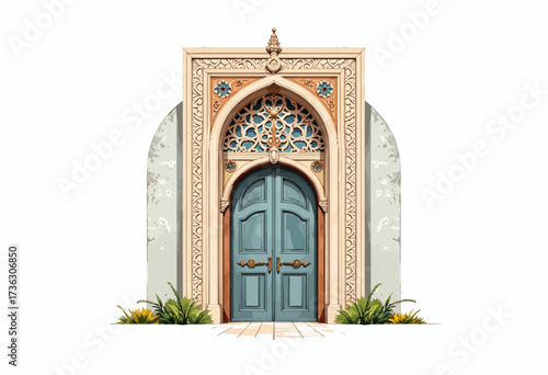 Ornate architectural doorway featuring intricate carvings and a blue arched door framed by detailed stonework and subtle surrounding greenery