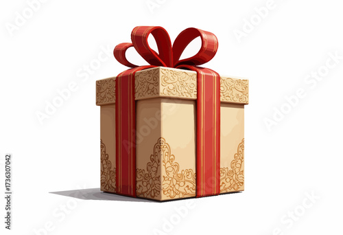 Elegant Decorative Gift Box with Intricate Gold Detailing and Red Ribbon Bow on a White Background Celebrating Festive Occasions and Meaningful Surprises