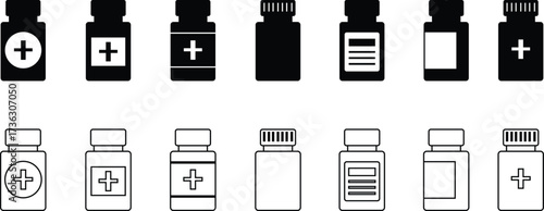 medicine bottle with sleek and elegant design icon set, on cut out transparent background. Medical Science Technology essential tools, healthcare supplies, Shows bottle premium pharmaceutical concept.