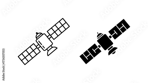 Minimalist communication satellite vector illustrations: outline and solid glyph icons.