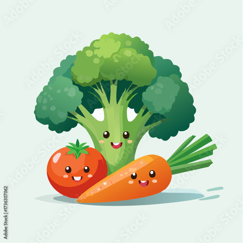 A delightful cartoon illustration of happy vegetable characters, with a smiling broccoli, cheerful tomato, and a cute carrot promoting healthy eating