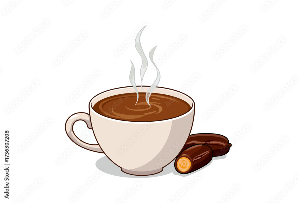 Obraz premium Illustration of a steaming cup of coffee with two dates on the side, showcasing a warm beverage with accompanying sweet dried fruit against a white background