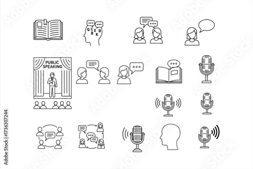 Collection of line art icons representing communication and public speaking speech conversation