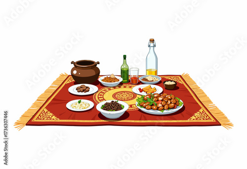 A beautifully arranged spread of traditional dishes and drinks on an ornate woven mat, featuring an assortment of appetizing foods and intricate design elements.