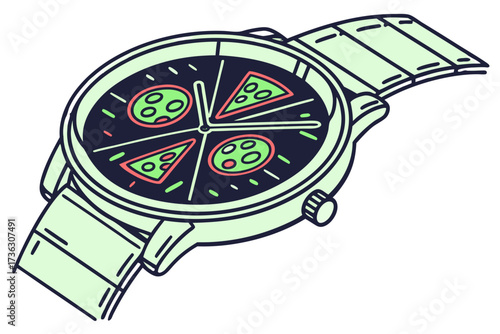 Wristwatch with pizza slices on the dial