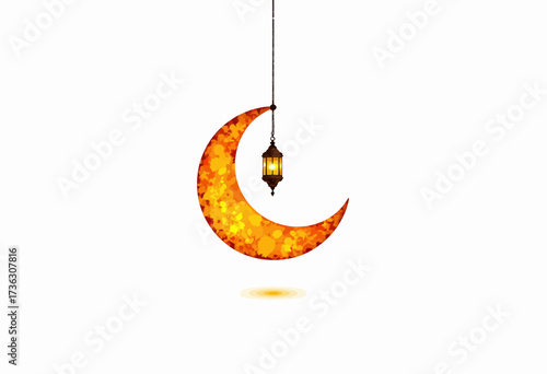 Luminous Crescent Moon and Hanging Lantern Art Symbolizing Serenity and Reflection with Warm Golden Hue against Minimalist White Background