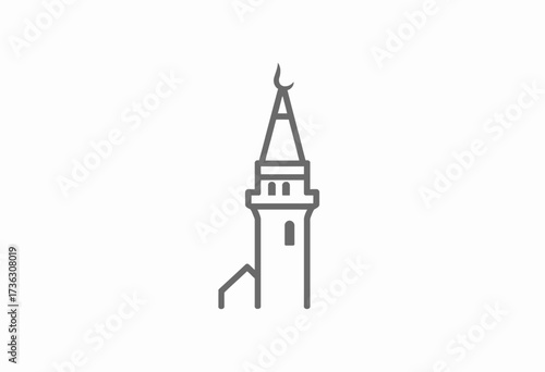 Simplified Line Drawing of a Tall Architectural Structure with a Distinctive Tapered Spire and Minaret on a Plain White Background