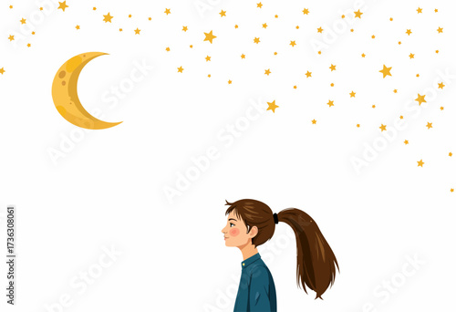 Young girl with brown ponytail gazing at crescent moon surrounded by a multitude of bright yellow stars on a clear white background night sky