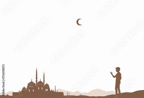 Silhouette of a Person Praying Next to a Majestic Mosque Beneath a Crescent Moon on a Serene Evening Landscape