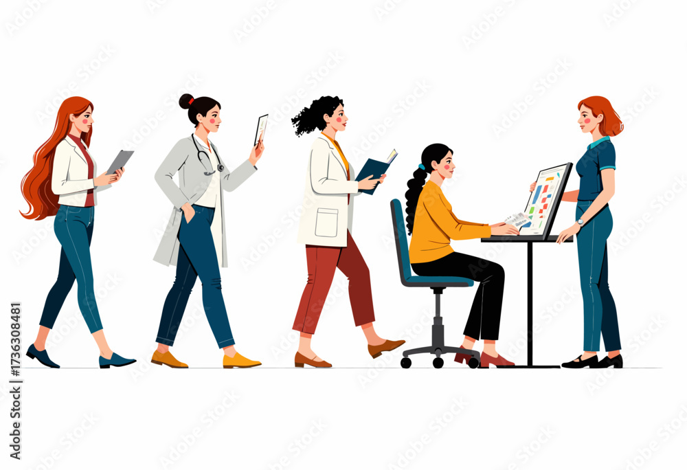 Obraz premium Evolution of Women's Roles Depicted Through Diverse Professions in a Contemporary Workplace Setting With Stylish Attire and Modern Technology