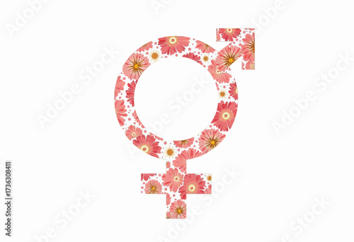 Artistic Symbol Fusion of Gender Icons Featuring Floral Patterns with Blossoming Petals Highlighting Gender Equality and Identity Concepts