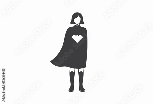 Silhouette of a Female Superhero Standing Confidently with Cape and Boots, Emphasizing Empowerment and Strength in a Minimalist Black and White Style