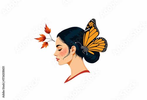 Illustration of a Woman with a Butterfly Hairpiece and Autumn Leaves, Symbolizing Nature's Beauty and Change