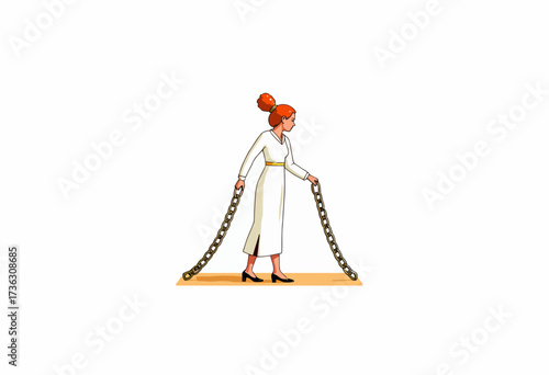 Woman in White Dress Breaking Free from Heavy Chains Symbolizing Liberation and Empowerment from Confinement and Constraints