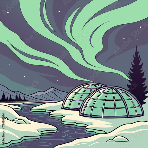 Experience the Mystical Aurora Borealis Over Modern Glass Domes in a Serene Landscape, Perfect for Travel and Adventure Inspiration
