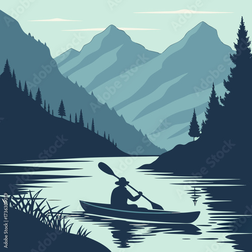 Serene mountain river kayaking adventure with calming waters and lush forest scenery, escape to nature's tranquility with this stunning outdoor recreation art