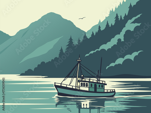 Vintage coastal scene featuring a fishing boat sailing towards majestic mountains and serene waters, evoking a sense of nostalgia and maritime adventure