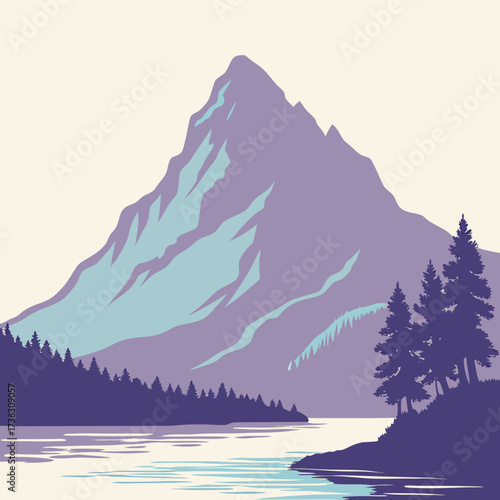 Serene mountain landscape illustration with a tranquil lake and lush forest, perfect for nature lovers seeking adventure and peace in the great outdoors