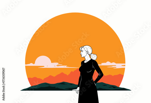 Contemplative Silhouette of Woman Against Vibrant Sunset Horizon with Dramatic Mountainous Backdrop and Expansive Orange Sky