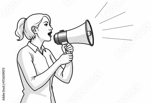 Illustration of a Woman Using a Megaphone to Amplify Her Voice and Spread a Message, Depicting Empowerment, Communication, and Public Speaking