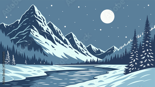 Stunning mountain landscape with snow capped peaks and serene river, perfect for winter travel campaigns and outdoor adventure promotions in vector style