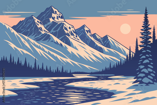Stunning mountain range reflecting in tranquil river at sunset, a serene landscape of snow-capped peaks and evergreen trees in a peaceful wilderness scene