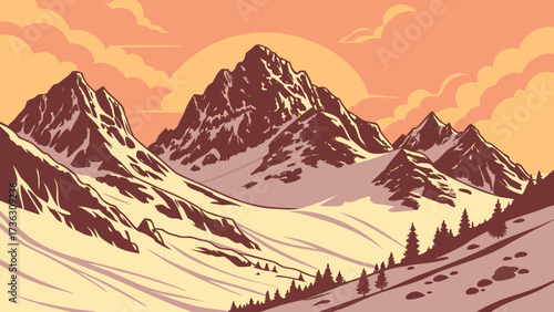 Stunning mountain landscape with snow peaks at sunset, perfect for adventure travel blogs, outdoor brands, and nature-themed marketing campaigns